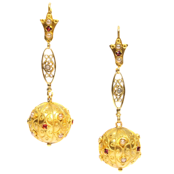 Antique ear pendents gold spheres decorated with filigree pearls and red stones